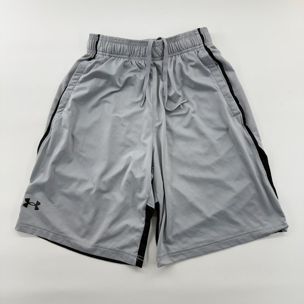 Under Armour Athletic Shorts Gray Black Loose Fit Mens Small Pockets Drawstring